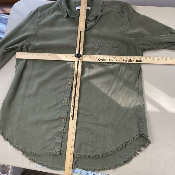 Foxcroft Top Womens 14 Green Tencel Lyocell Chambray Button Up Fringe Hem Grunge - Picture 8 of 12
